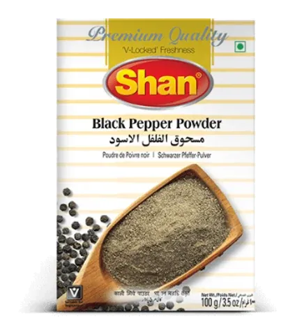 Black Pepper Powder by Shan product pack, background removed