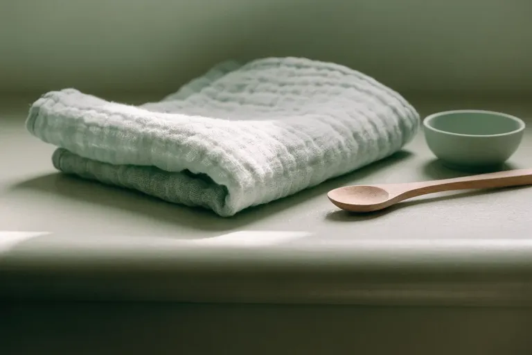 A folded sage-green muslin cloth, a small feeding bowl and a wooden spoon on a sage-green nursery surface