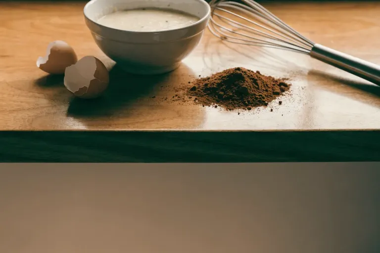 A bowl of cake batter with a whisk, cocoa powder and eggshells on a wooden counter