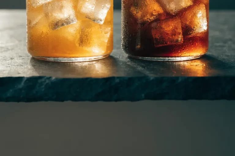 Tall glasses of iced citrus juice and cold coffee with condensation, on a dark stone counter
