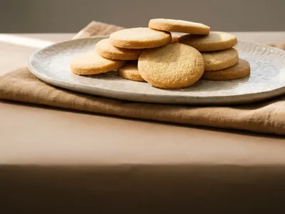 A stack of golden butter biscuits and shortbread on a ceramic platter