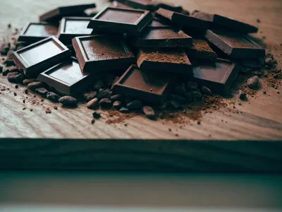 Broken squares of dark chocolate, cocoa nibs and dusted cocoa powder on a dark walnut wood board