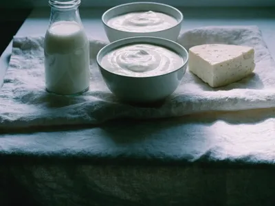 Bowls of plain yogurt, a glass bottle of milk and a wedge of cheese on a pale linen cloth