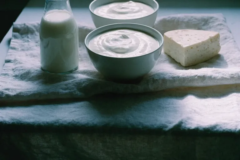 Bowls of plain yogurt, a glass bottle of milk and a wedge of cheese on a pale linen cloth