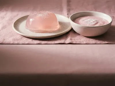 A turned-out set jelly catching the light beside a bowl of soft pink pudding