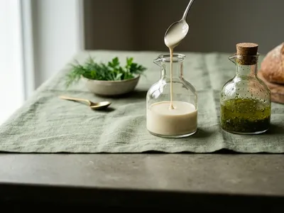 A creamy pale dressing drizzling from a spoon into a glass cruet beside a green herb vinaigrette