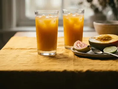 Backlit tall glasses of mango and guava juice with condensation and cut fruit alongside