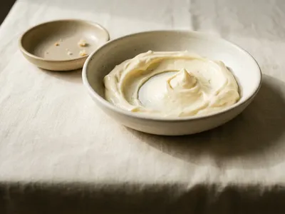 Thick pale mayonnaise in a wide bowl with a spoon drawn through leaving a soft peak