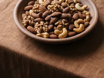 Whole roasted almonds, walnuts and cashews in a clay bowl on a nutmeg-brown cloth