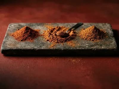 Three heaps of blended masala powder on a stone mortar surface, one disturbed by a spoon