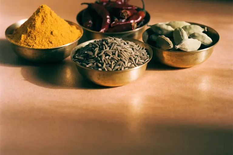 Brass bowls of turmeric, red chilli powder, cumin seeds and green cardamom on a terracotta surface
