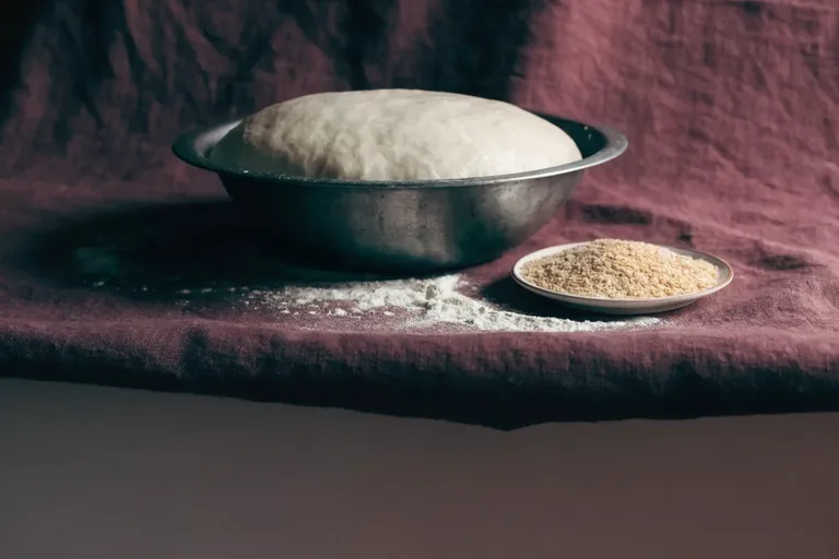 A proving bowl of risen bread dough beside a dish of dried yeast granules and scattered flour on a plum-burgundy cloth