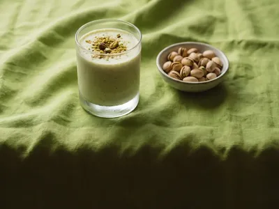 A glass of creamy yogurt drink garnished with pistachio dust on a pistachio green cloth