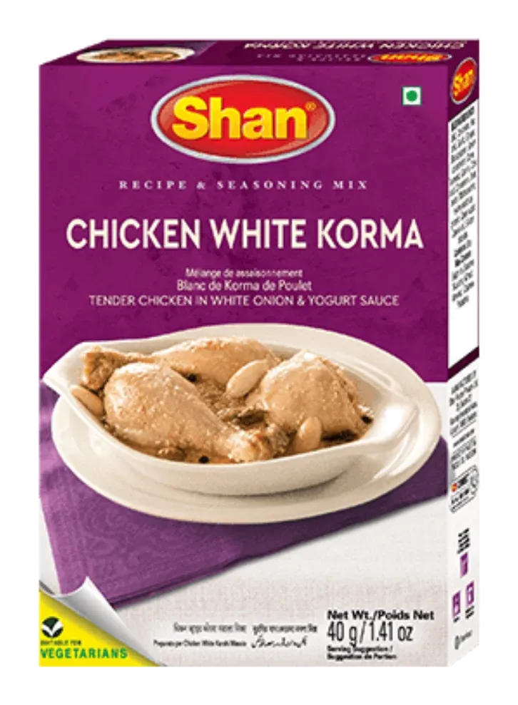 Chicken White Korma Mix by Shan product pack, background removed