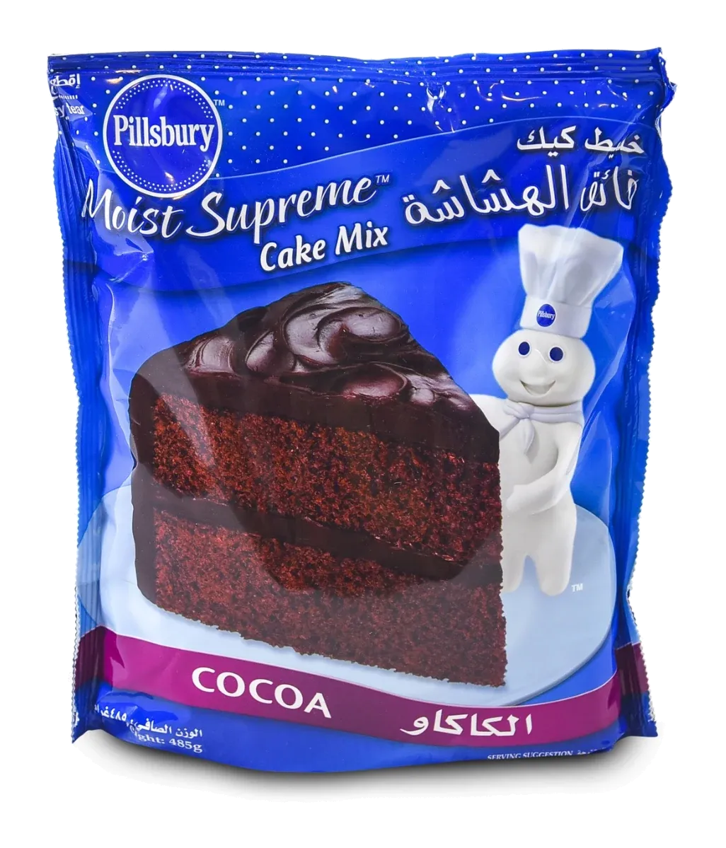 Cocoa Cake Mix by Pillsbury product pack, background removed