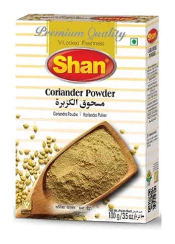 Coriander Powder by Shan product pack, background removed
