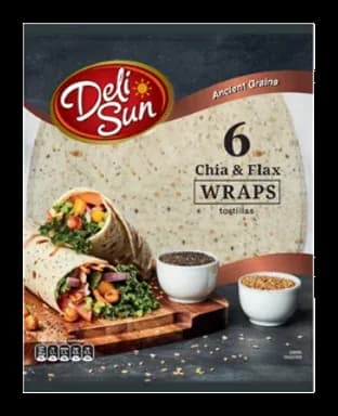 Deli Sun 6 Chia Flax Wraps Tortillas 24cm by Deli Sun product pack, background removed