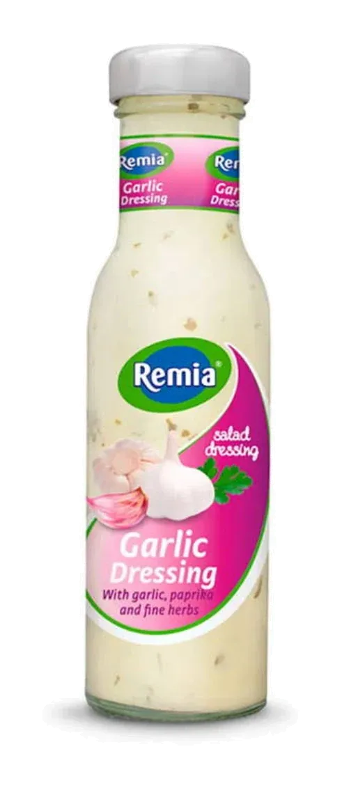 Garlic Dressing by Remia product pack, background removed