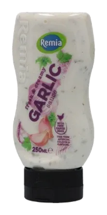 Garlic Sauce Fresh & Creamy (Plastic Bottle) by Remia product pack, background removed