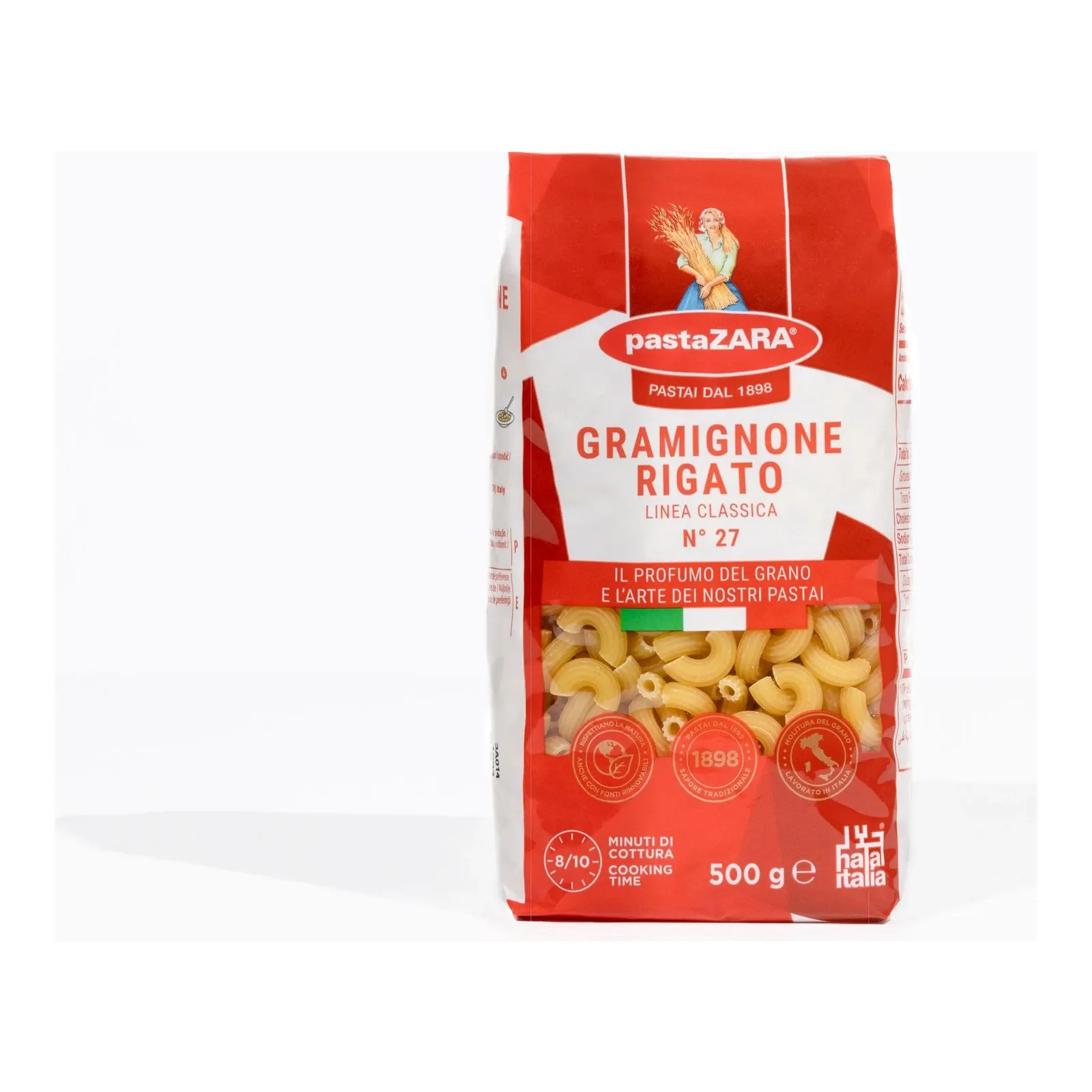 Pasta Zara Gramignone Rigato No. 27 500g package studio packshot
