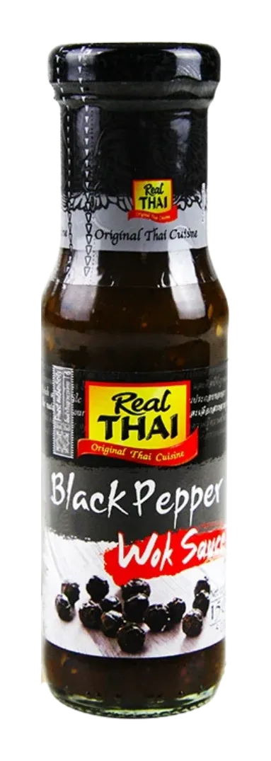 Real Thai Black Pepper Wok Sauce by Real Thai product pack, background removed