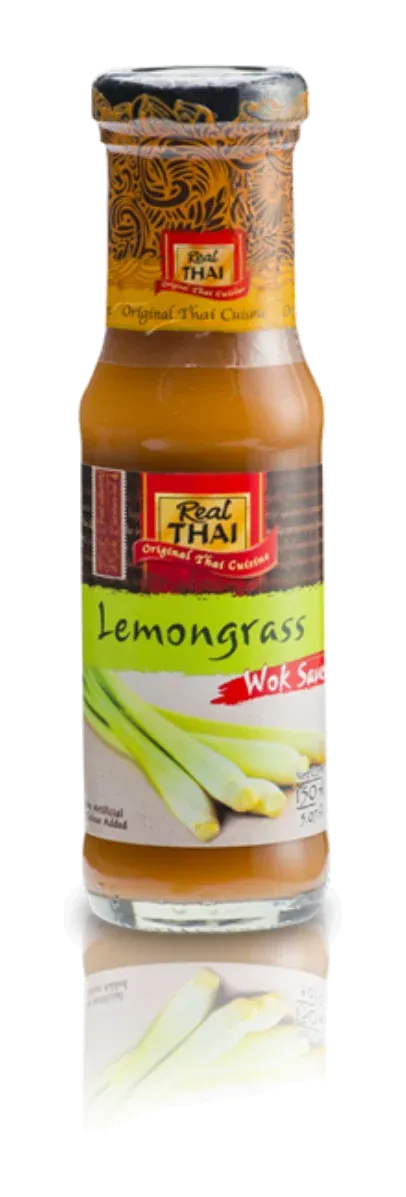 Real Thai Lemongrass Wok Sauce by Real Thai product pack, background removed