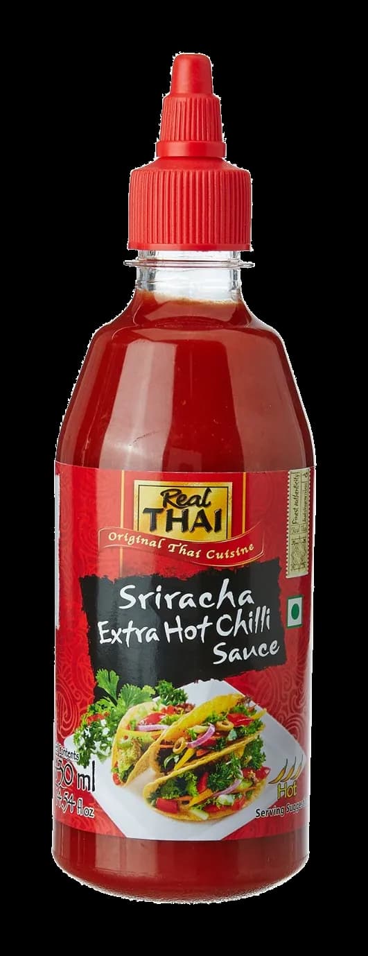 Real Thai Sriracha Extra Hot Chilli Sauce by Real Thai product pack, background removed