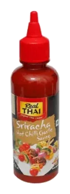Real Thai Sriracha Hot Chilli Garlic Sauce by Real Thai product pack, background removed