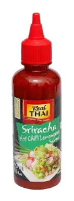 Real Thai Sriracha Hot Chilli Lemongrass Sauce by Real Thai product pack, background removed