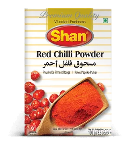 Red Chilli Powder by Shan product pack, background removed
