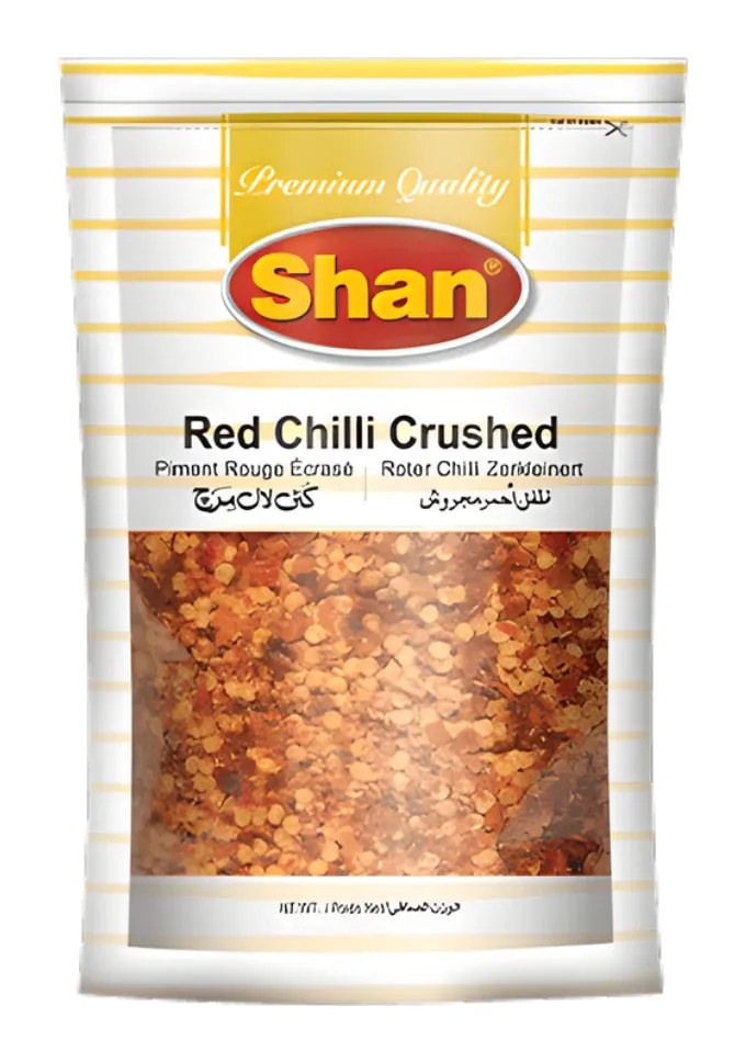 Red Chilly Crushed by Shan product pack, background removed