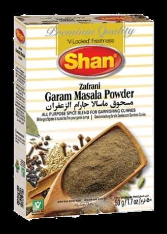 Zafrani Garam Masala Powder by Shan product pack, background removed