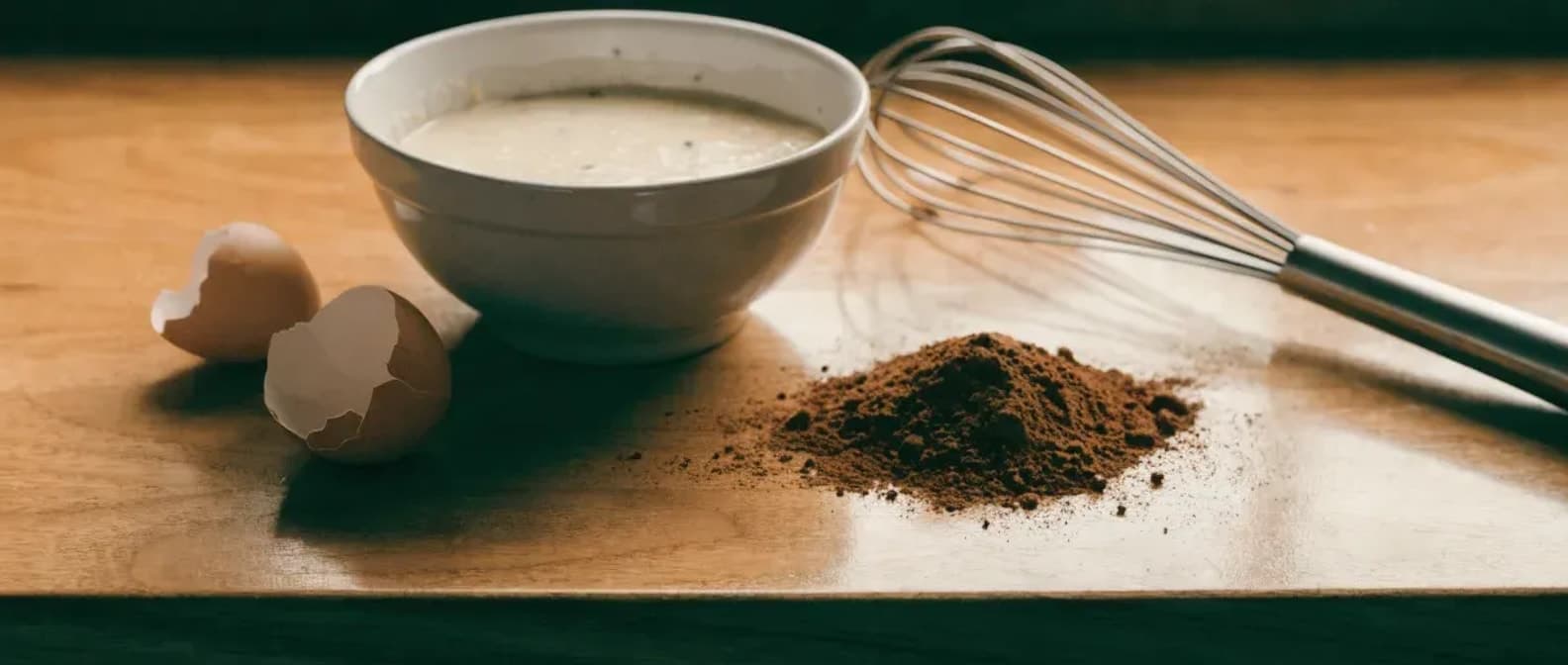 Baking preparation with cake batter, whisk, cocoa powder and eggshells on a wooden test kitchen counter
