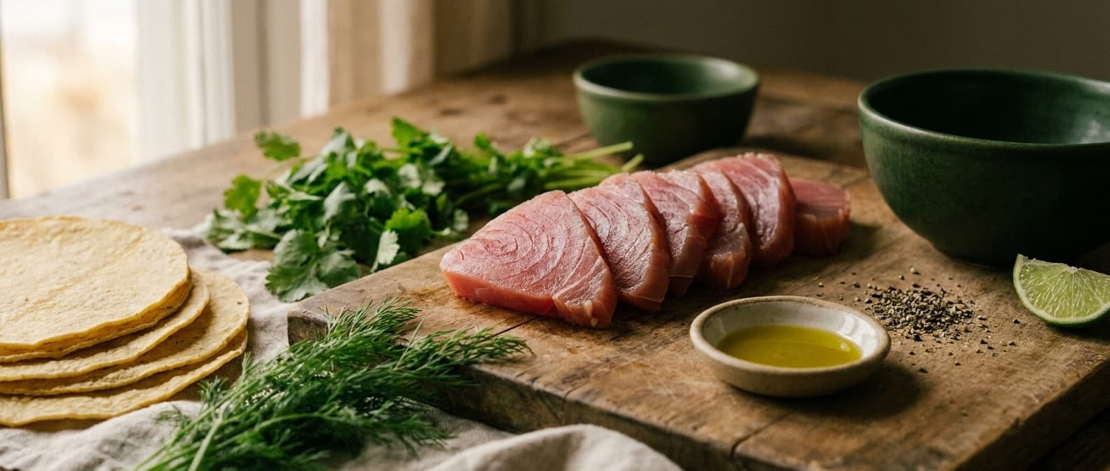 Fresh tuna, tortillas, herbs, and olive oil laid out on a test kitchen counter