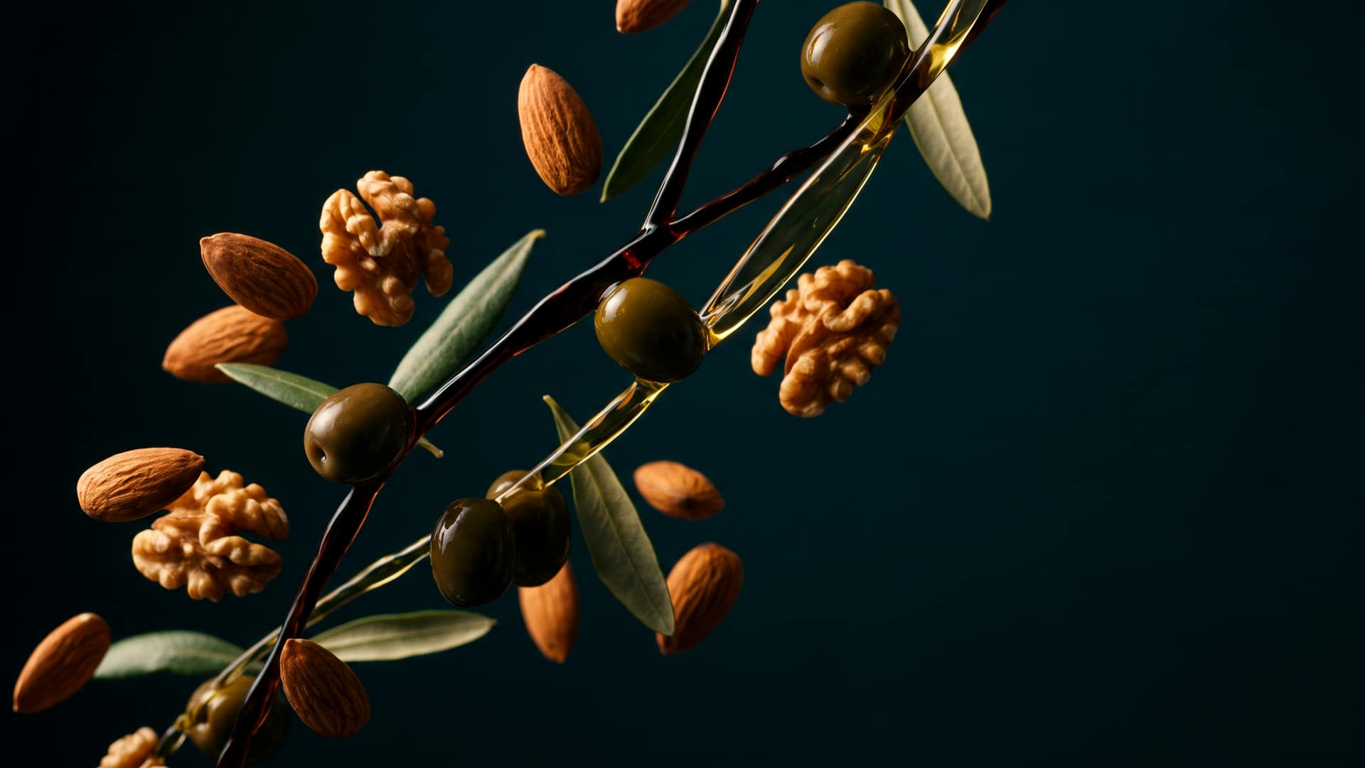 Almonds, walnuts and green olives suspended in mid-air with a dark ribbon of wine vinegar and a thread of olive oil crossing between them