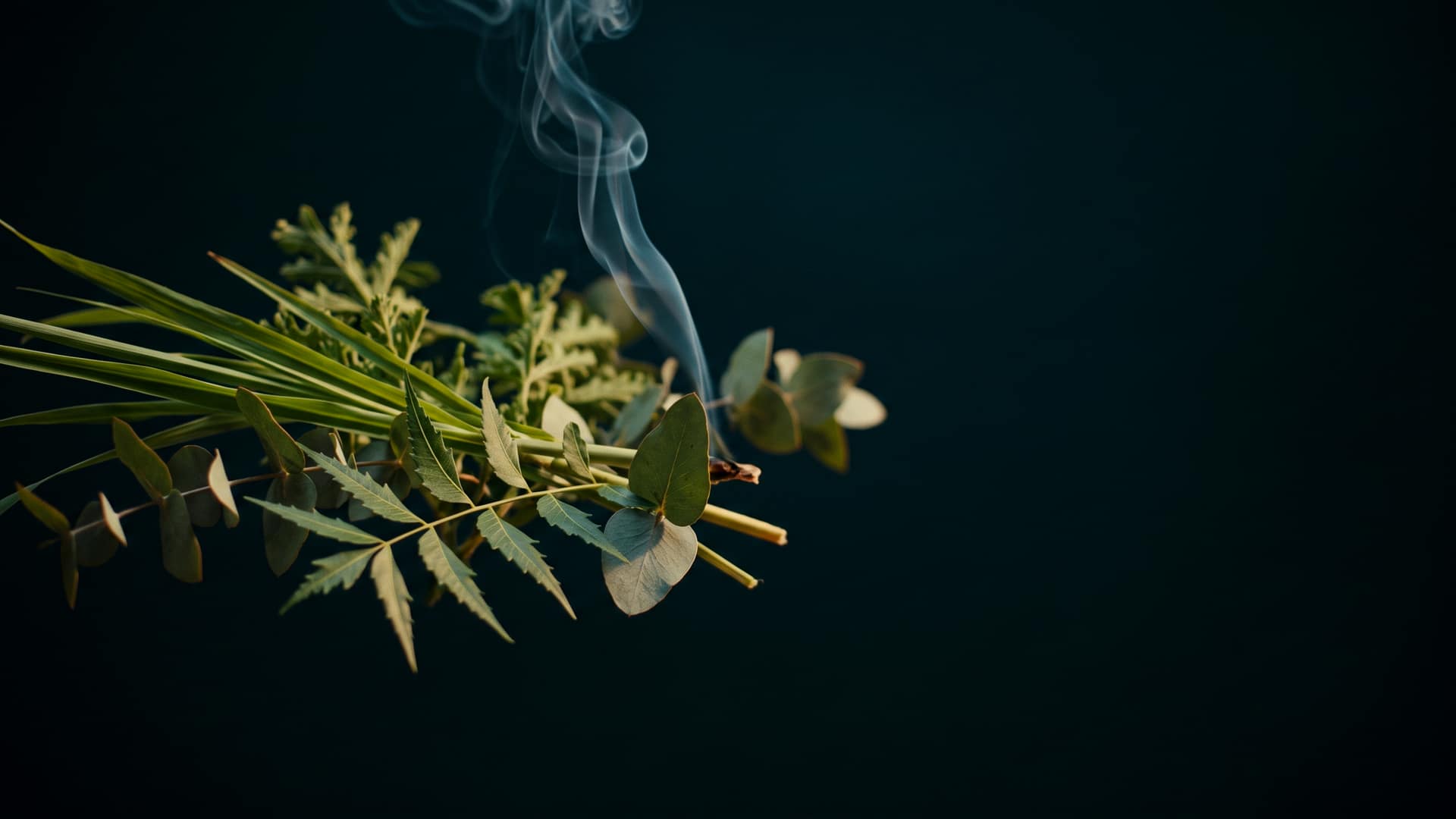 A single delicate curl of pale smoke rising among suspended citronella grass blades, neem sprigs and eucalyptus leaves