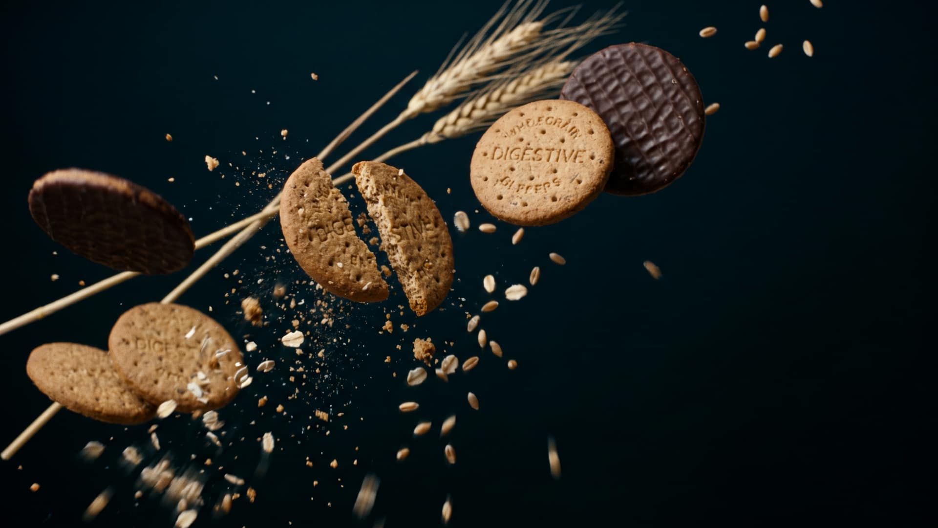 Wholegrain digestive and dark chocolate biscuits suspended mid-fall through a drift of golden wheat grain and oat flakes, with ears of wheat behind