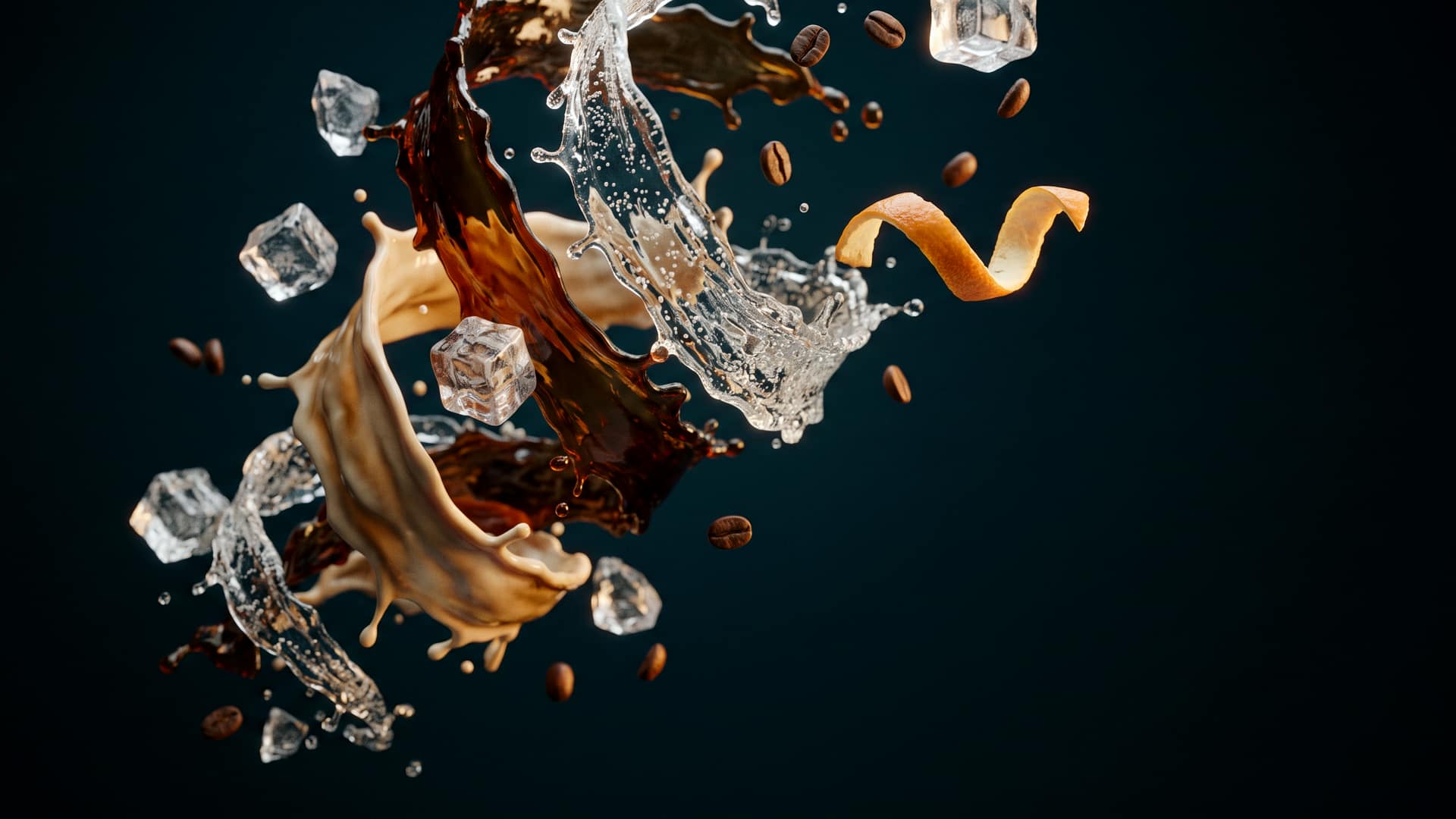 A splash of iced coffee and cream twisting through the air with cracked ice cubes, roasted coffee beans and a curl of citrus peel