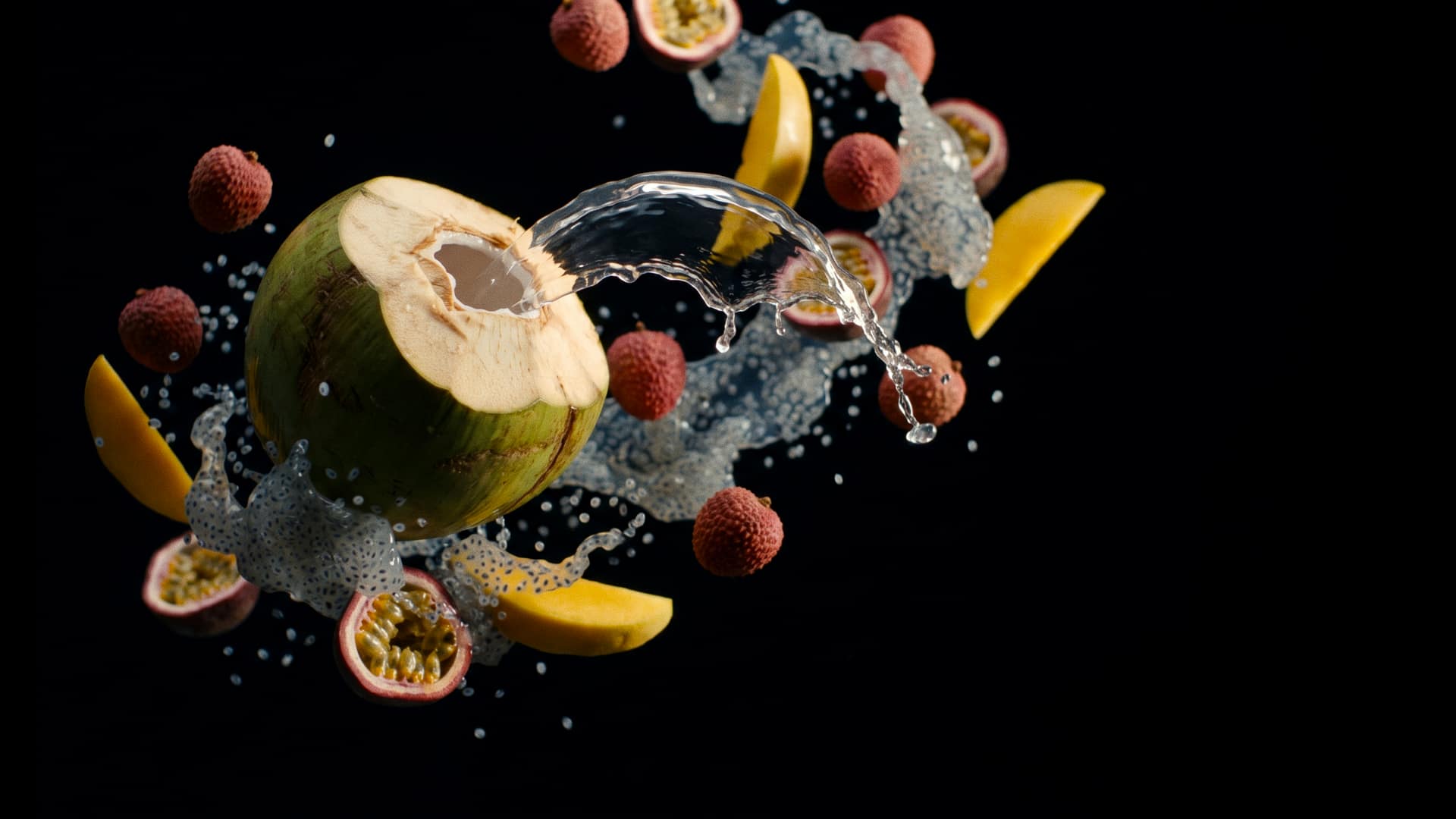 A cracked young coconut with an arc of coconut water leaping from it, ringed by suspended lychees, mango slices and passion fruit halves in a cloud of basil seeds