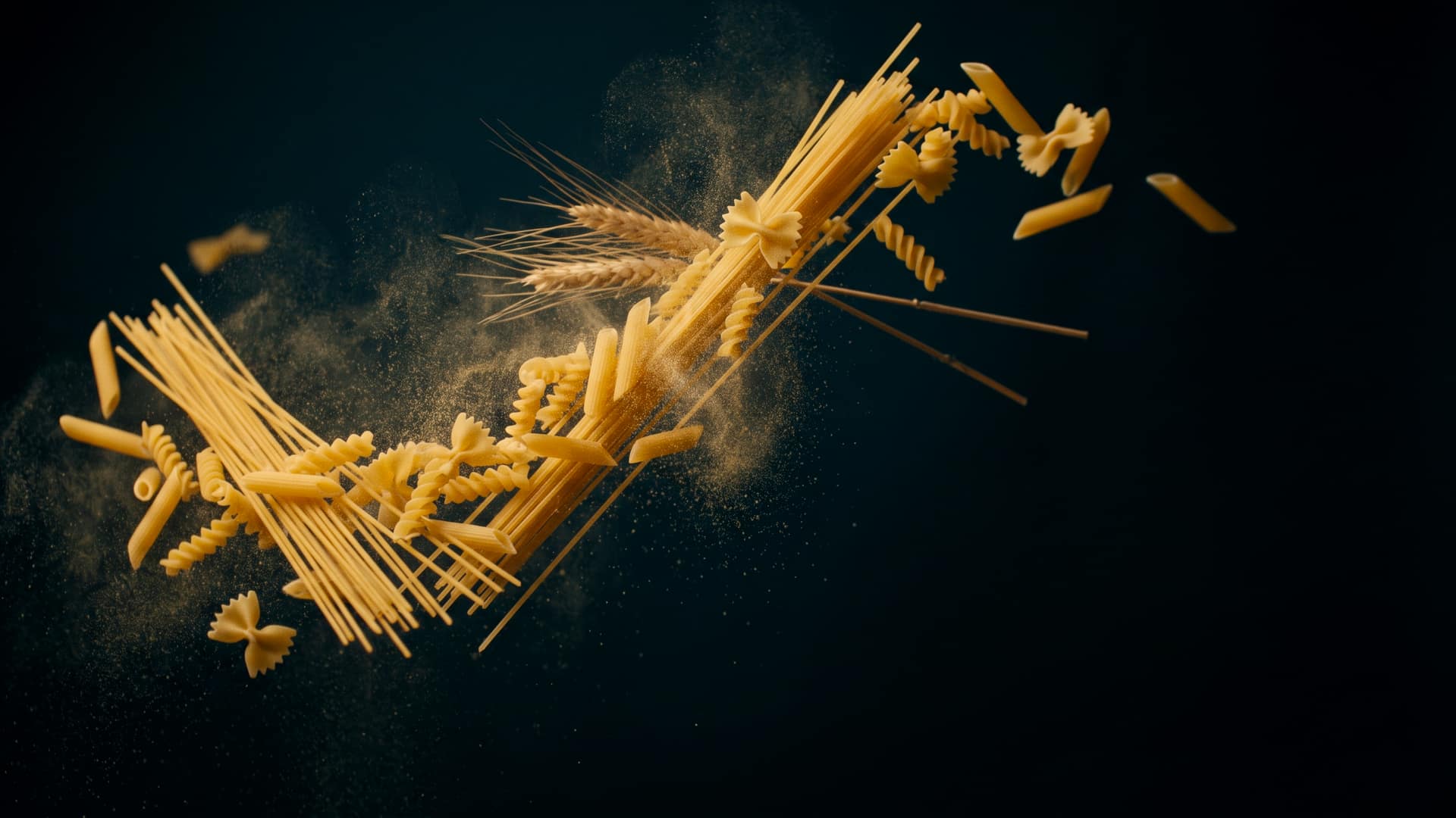An arc of dry Italian durum pasta — spaghetti, penne, fusilli and farfalle — tumbling through a fine drift of golden semolina dust
