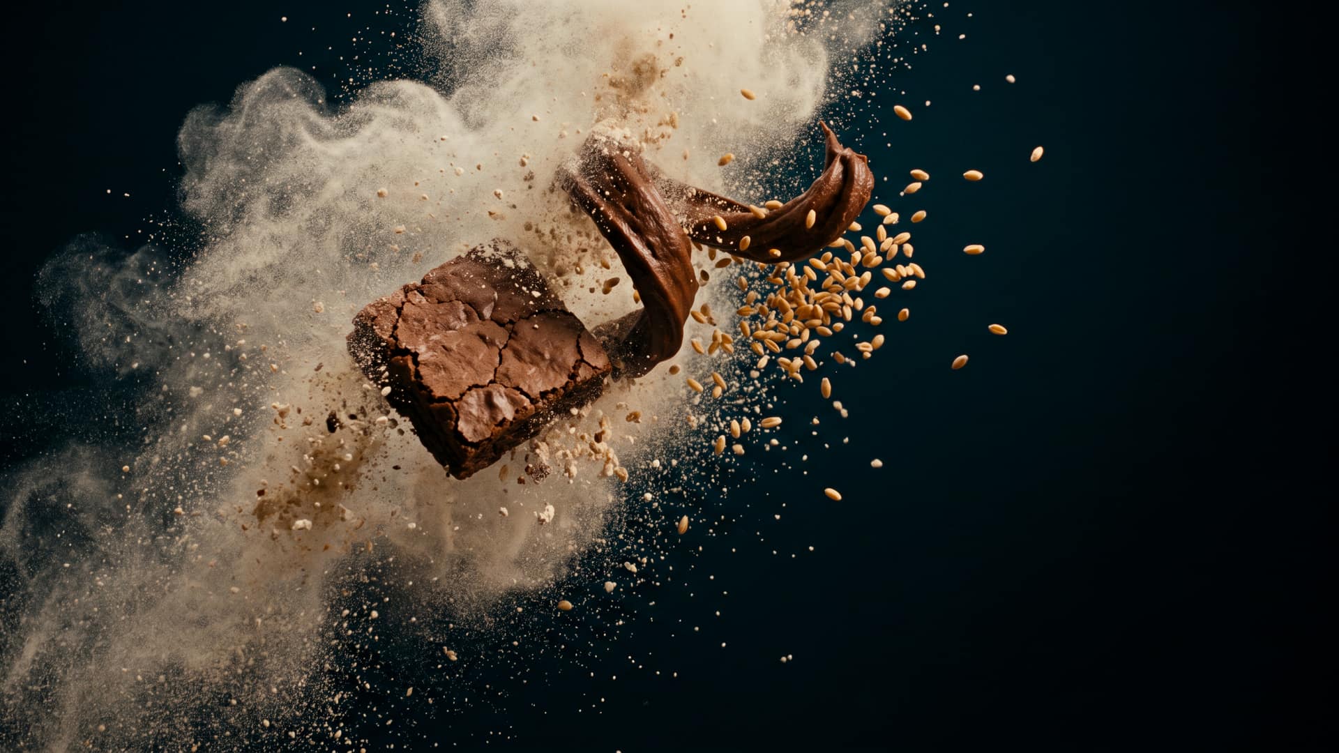 A billowing cloud of wholemeal atta flour bursting around a cracked brownie square and a scatter of golden wheat grains