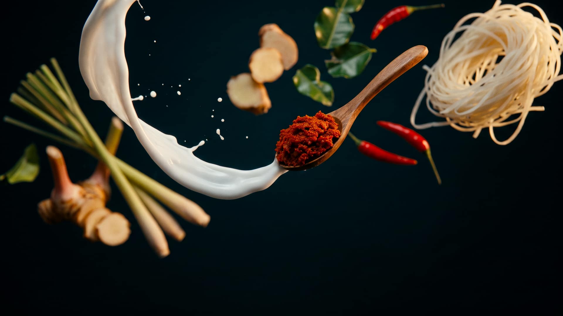 A thick pour of white coconut milk twisting beside a spoonful of red Thai curry paste, with lemongrass, galangal, lime leaves and red chillies suspended around it