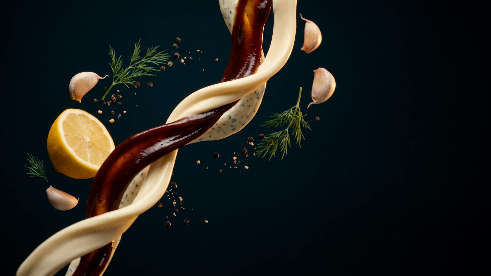 Ribbons of mayonnaise, dark barbecue sauce and creamy dressing twisting together in mid-air with garlic cloves, peppercorns, dill and a halved lemon