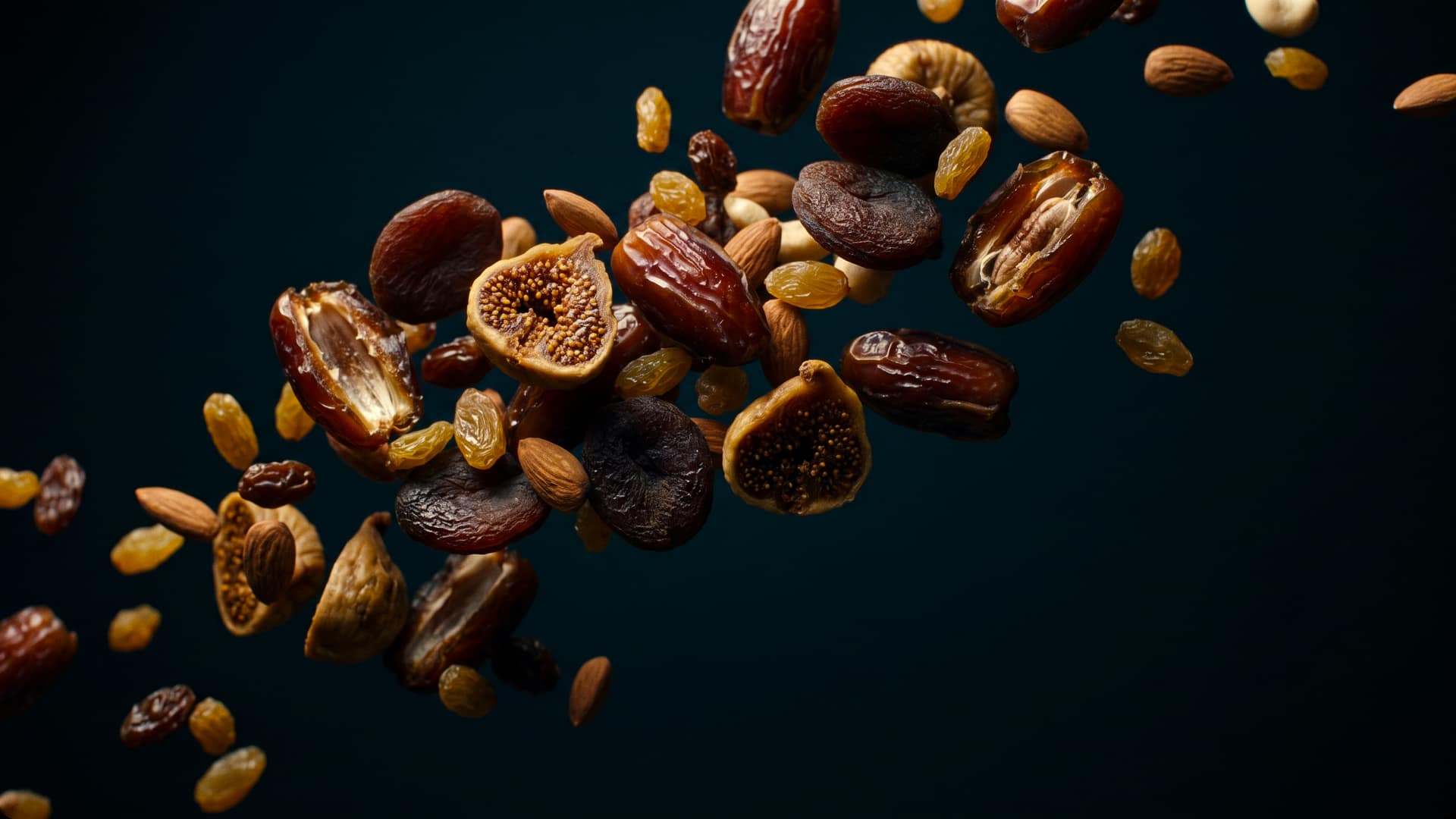 Split medjool dates, dried apricots, opened figs, golden raisins and almonds tumbling slowly through still air