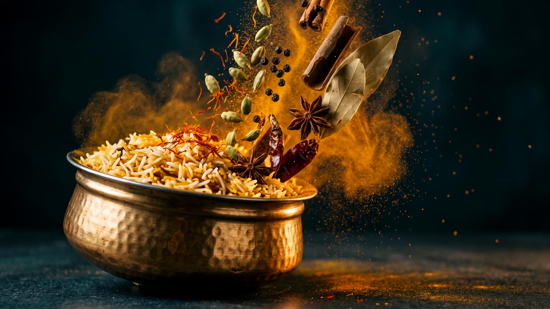 Whole South Asian spices — cardamom, peppercorns, cinnamon, star anise and dried chillies — falling through a cloud of saffron and turmeric into a hammered brass bowl of biryani rice