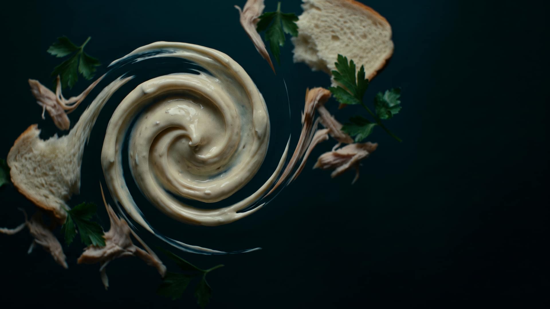 A thick glossy swirl of creamy savoury sandwich spread twisting in mid-air among torn white bread, shredded roast chicken and sprigs of parsley