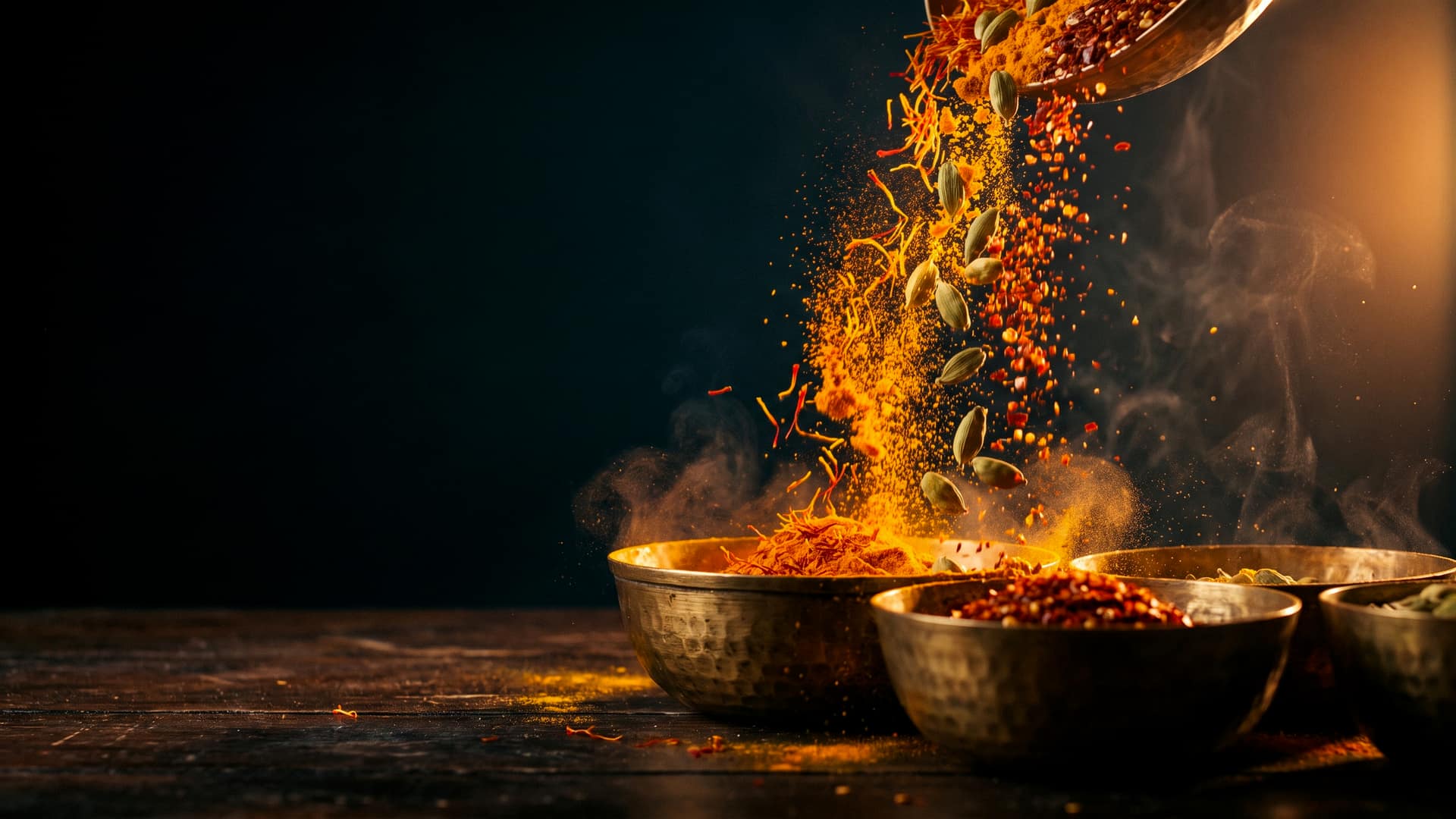 Saffron threads, turmeric, red chilli powder and green cardamom cascading down into hammered brass bowls, bursting into fine coloured clouds of spice dust