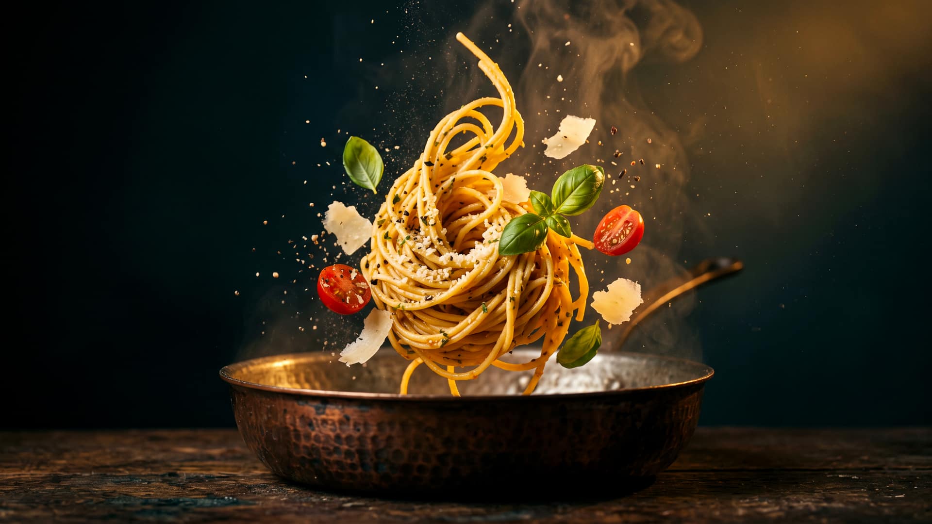 A nest of golden spaghetti suspended in mid-air above a hammered copper pan, with basil leaves, halved cherry tomatoes and parmesan shavings floating around it in warm light