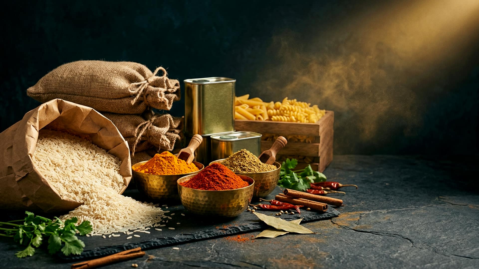 An open kraft sack of basmati rice spilling across dark slate beside stacked burlap sacks, hammered brass bowls of turmeric, chilli and coriander, sealed oil tins and a crate of dried pasta, lit by a warm beam from the upper right