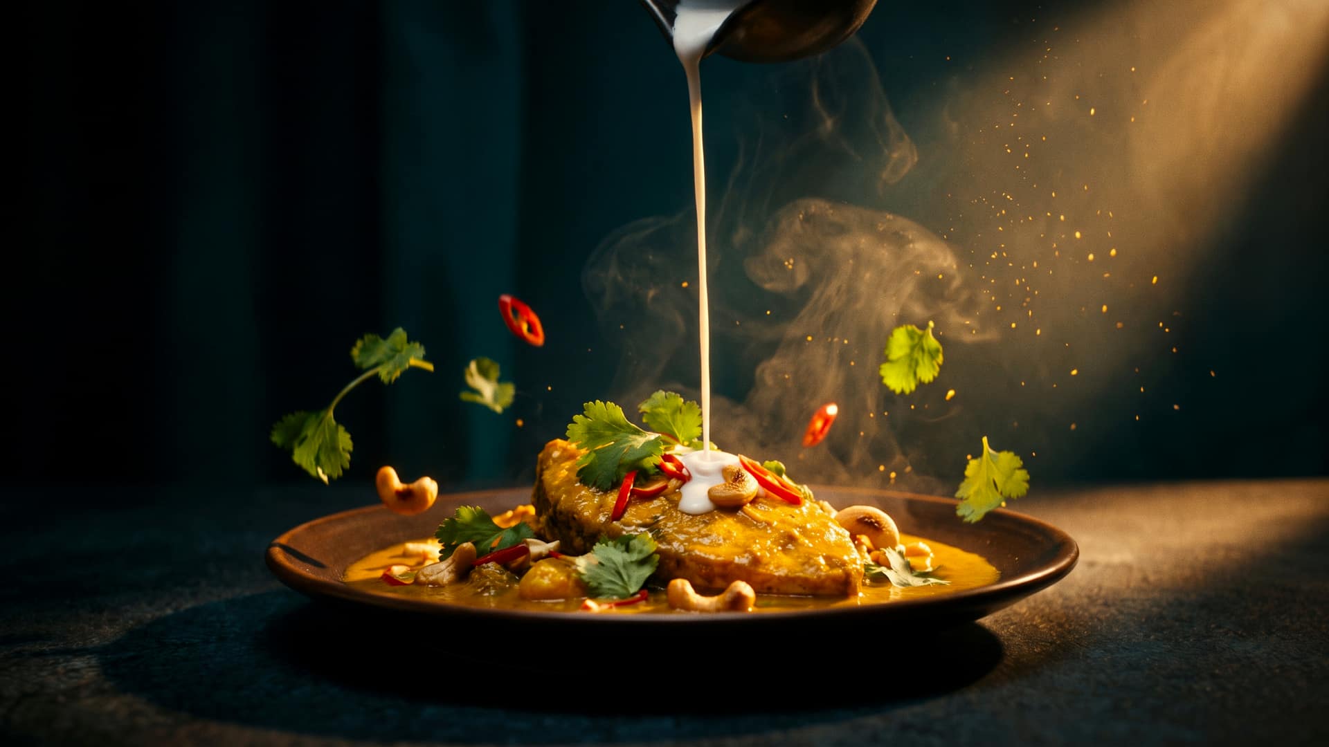 A resort-plated golden fish curry on dark ceramic, scattered with coriander, chilli slivers and cashews, with coconut cream being drizzled from above